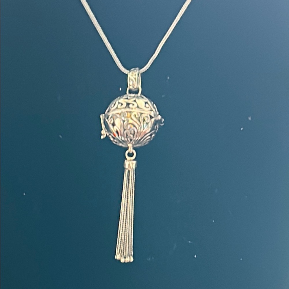 Sterling Silver Long Necklace with Carved Ball and Tassels